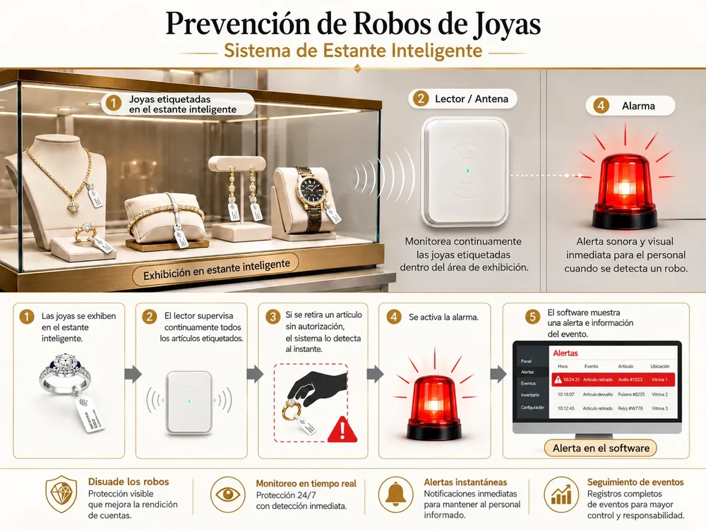 Sistema antirrobo para joyerías con estante inteligente, lector, alarma y control de inventario