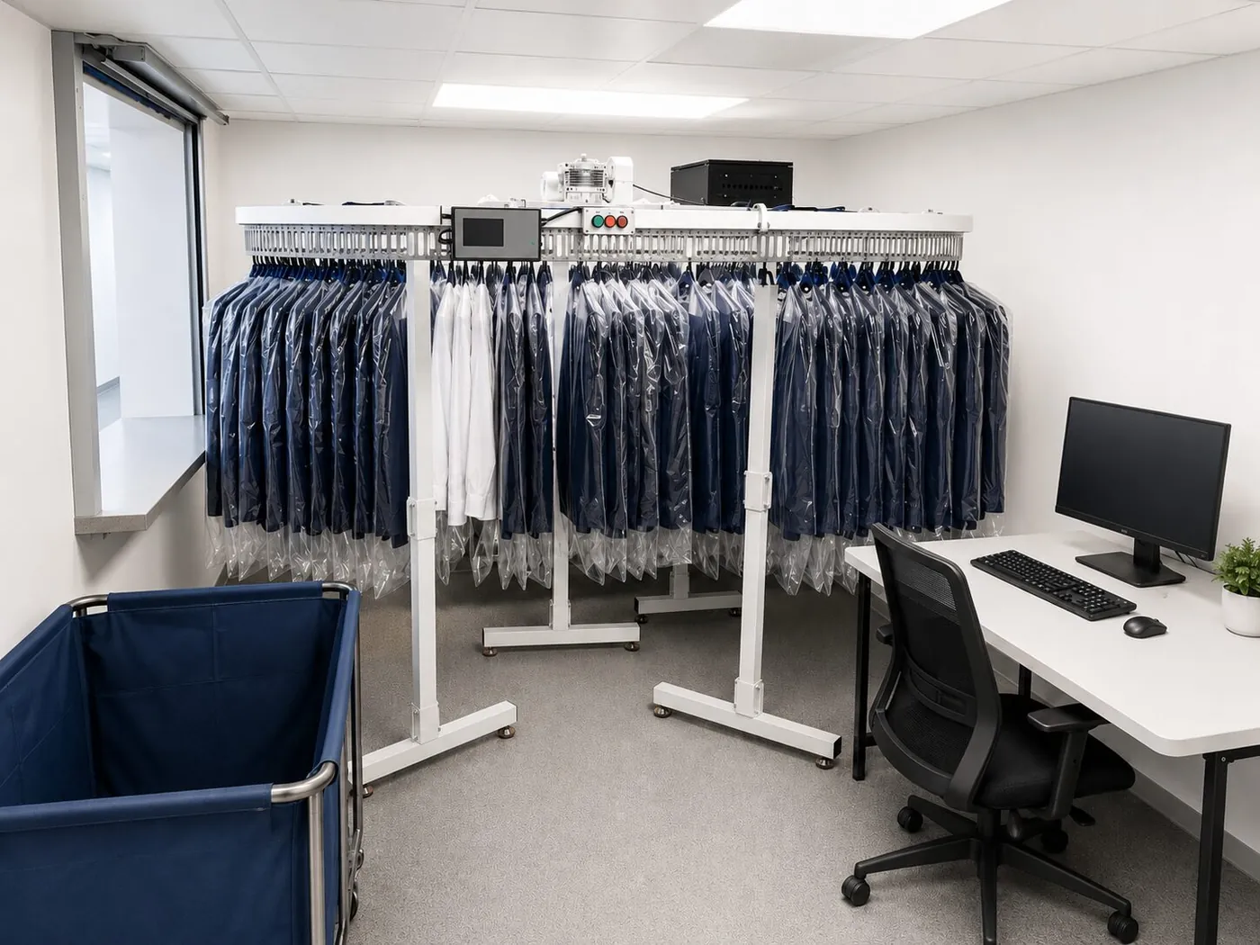 Transportador de ropa instalado en un área de trabajo